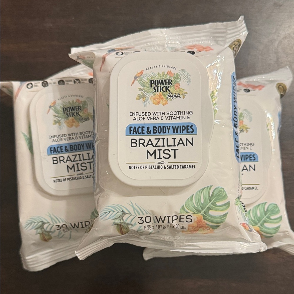 3•Pack Power Stick Brazilian Mist Face & Body Wipes pistachio/salted caramel